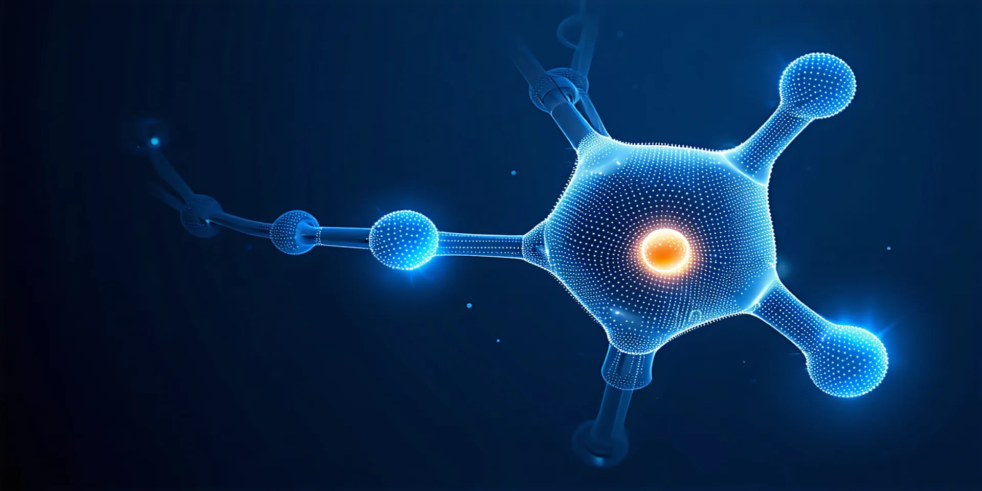 Abstract protein binding pocket wireframe visualization in cobalt blue on dark navy background