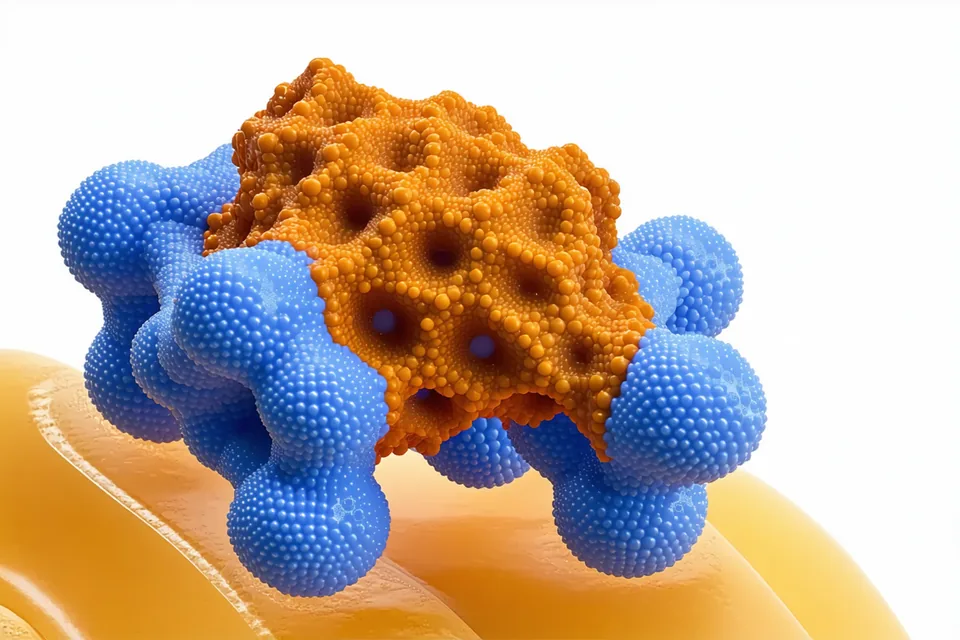 Protein surface rendering showing binding pocket electrostatic map in blue and amber tones